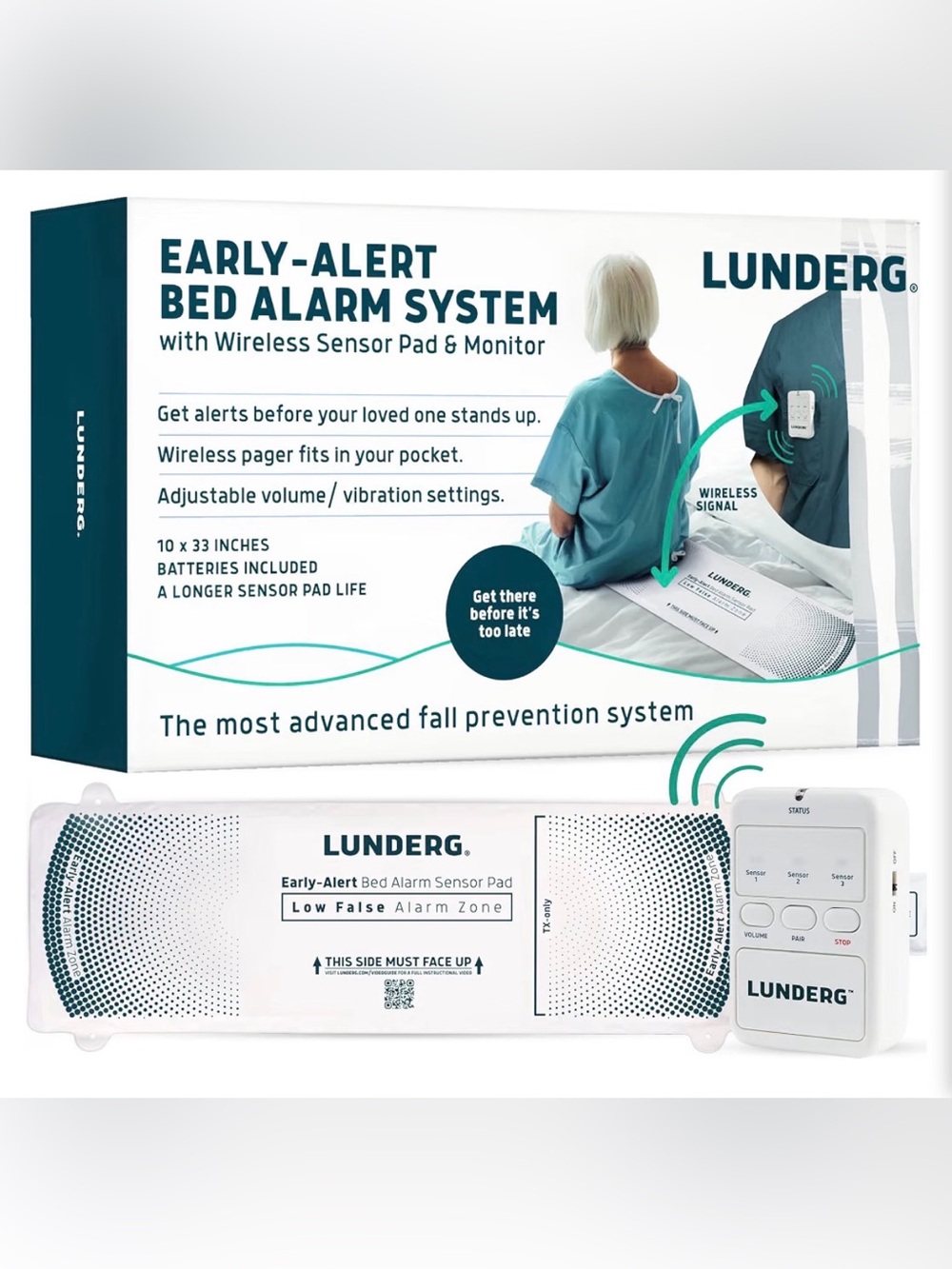 Lunderg Early Alert Bed Alarm for Elderly Adults - Wireless Sensor Pad & Sensor